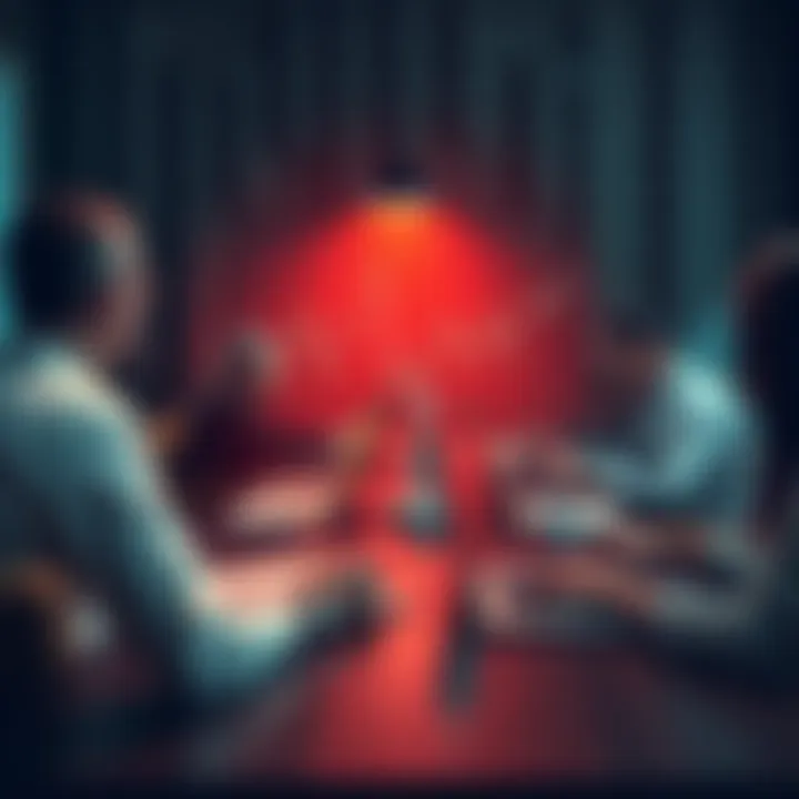 A group of people discussing trading strategies at a table with charts and laptops open