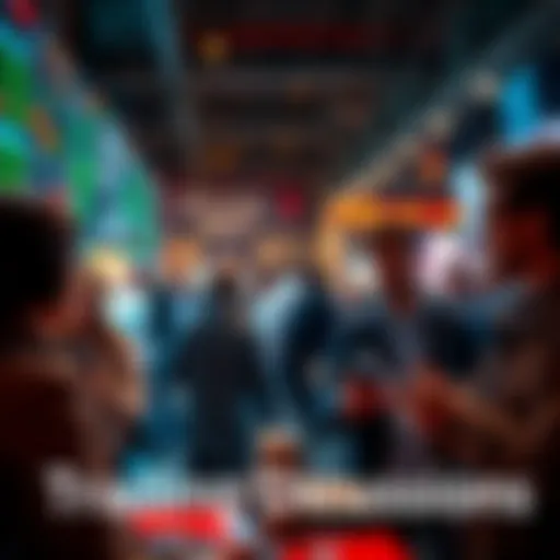 People engaging in a lively conversation about trading strategies and daily events, with some using their devices to share tips.