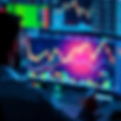 A trader analyzing market trends on a computer screen with financial graphs and charts in the background.