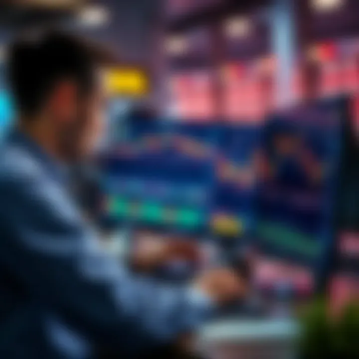 A trader analyzing charts and data on a computer screen during a challenging market situation