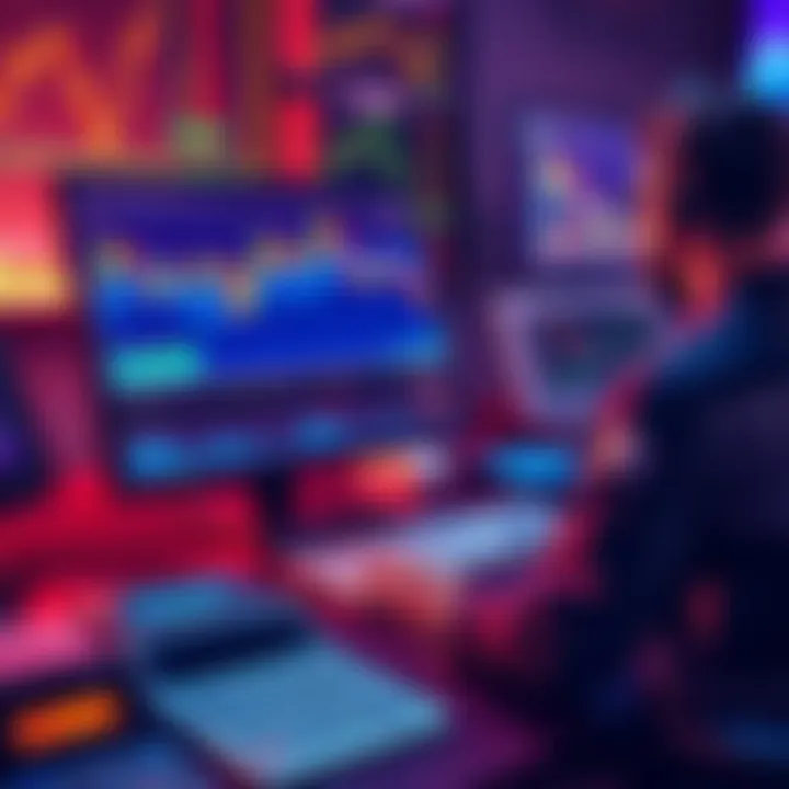 A trader analyzing charts on a computer, showing sideways market trends with various financial graphs and calculators around them.