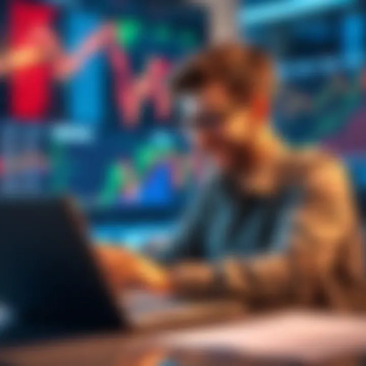 A trader looking at market charts on a laptop, celebrating financial success with a smile, surrounded by graphs showing growth.