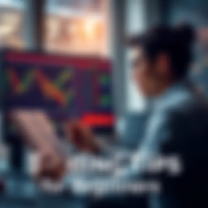 Trading Tips for Beginners A beginner reading a trading book while looking at a computer screen showing stock charts