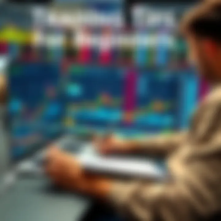 A beginner trader analyzing stock market charts with a laptop and notepad, considering investment choices and strategies.