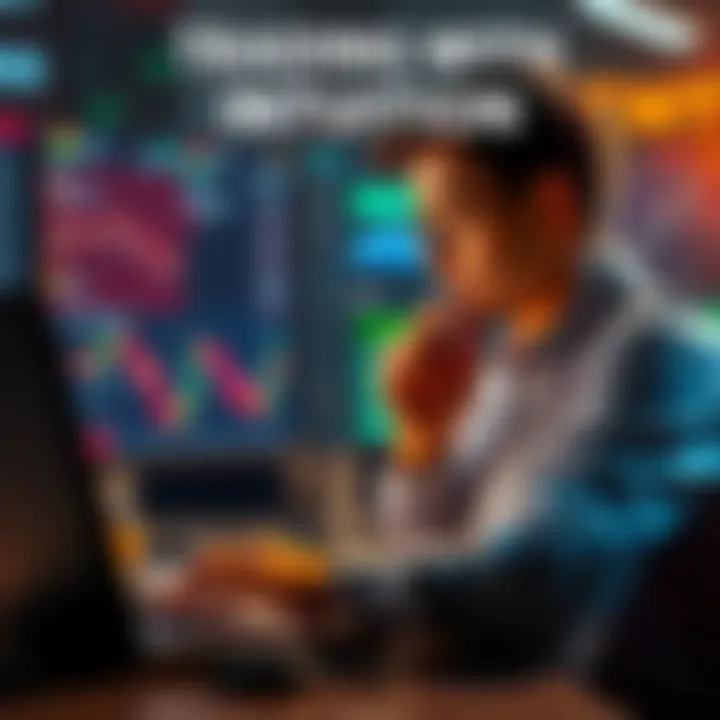 A person analyzing market trends with a thoughtful expression, using a laptop and charts to make quick predictions based on gut instincts.