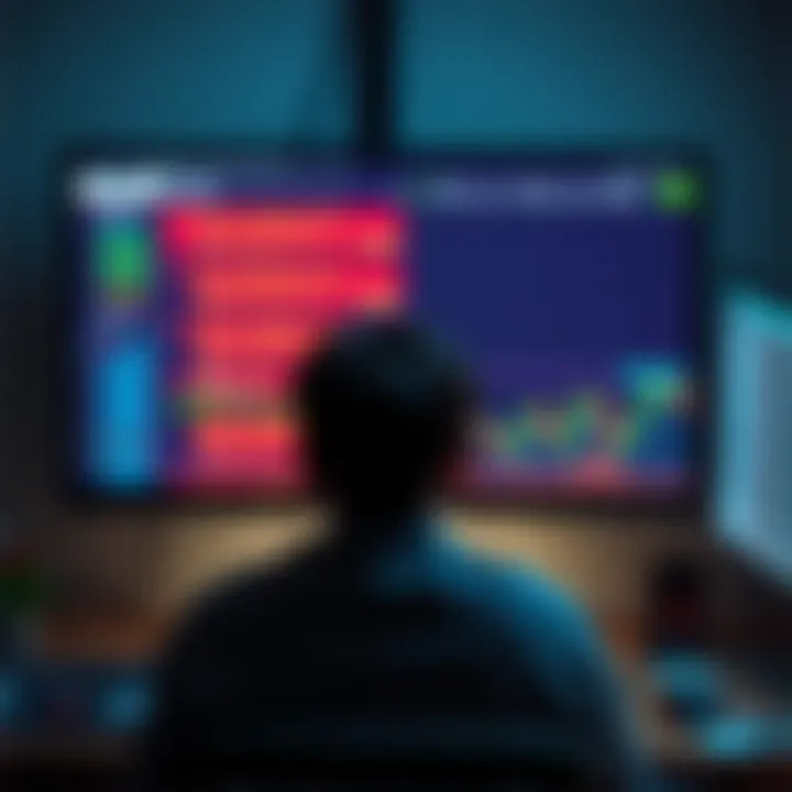 A frustrated user sits in front of a computer, looking at a trading platform screen showing error messages, indicating problems with trading and withdrawals.