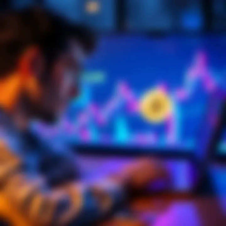 Trading XRP for Bitcoin A person considering trading XRP for Bitcoin with a laptop and a chart showing price trends.