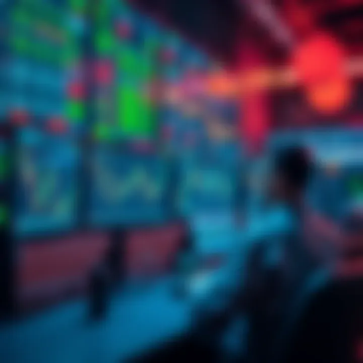 A trader at a cryptocurrency exchange monitors multiple screens displaying market data and charts, emphasizing stable trading practices.