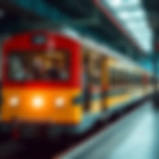 A colorful train with happy passengers waving goodbye as it departs from the station