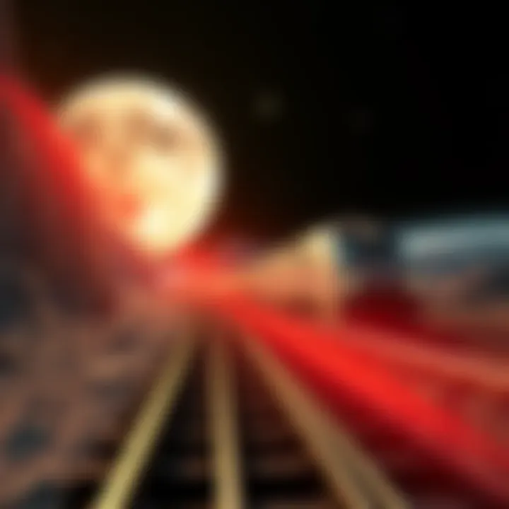 A futuristic train on a track that leads towards the Moon, with stars in the background and the Earth visible in the distance.