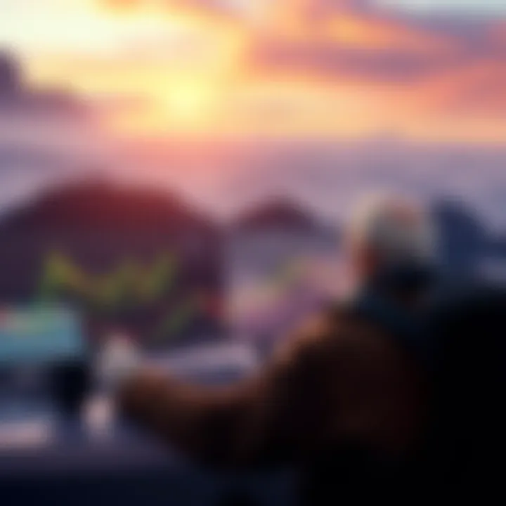 A serene digital landscape with a calm investor analyzing crypto charts