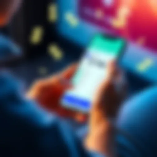 Transfer from Fidelity to Revolut A person using a smartphone to transfer money from Fidelity to Revolut, showing a financial app on the screen, with dollar signs around.