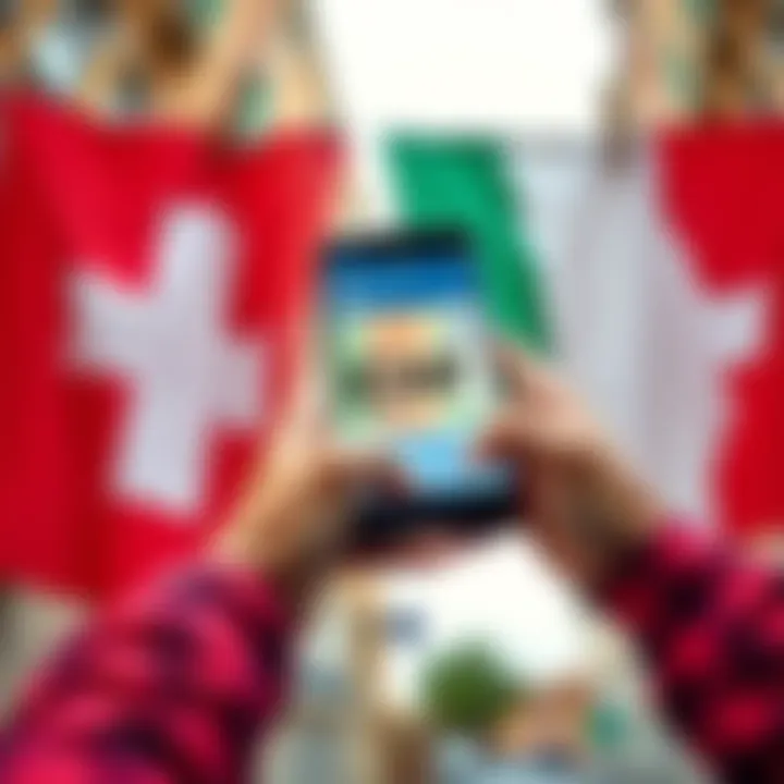 A person using a smartphone to transfer Swiss Francs to a Revolut account, with Swiss and Italian flags in the background.