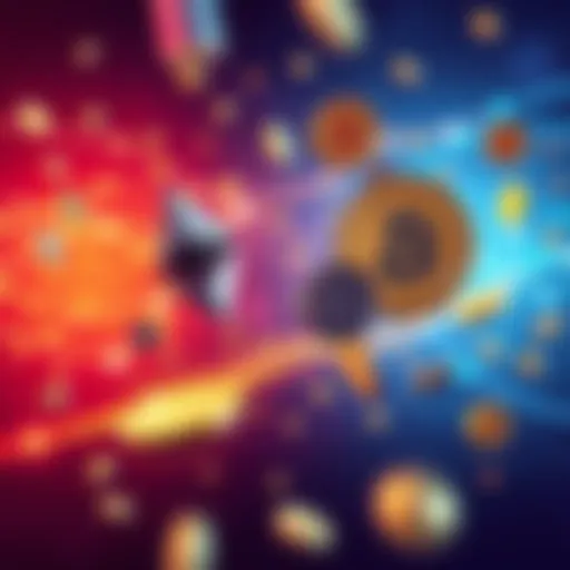 Illustration of digital coins moving between different blockchain networks like Ethereum and Solana