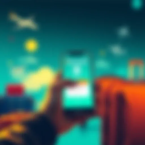 A person using a smartphone to transfer savings to Revolut's Points Pocket feature, with travel icons in the background like airplanes and luggage.
