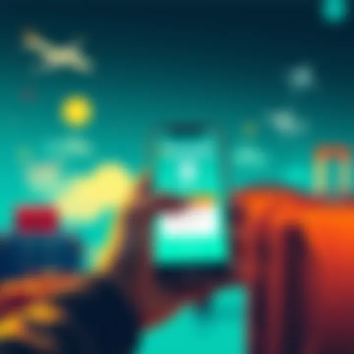 A person using a smartphone to transfer savings to Revolut's Points Pocket feature, with travel icons in the background like airplanes and luggage.