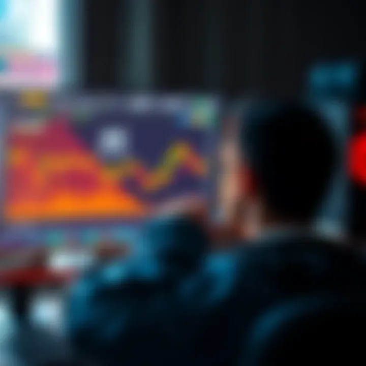 Transition from DeFi to Fiat A person contemplating the conversion of cryptocurrency to fiat cash, showing a computer screen with charts displaying volatility and a fiat currency symbol.