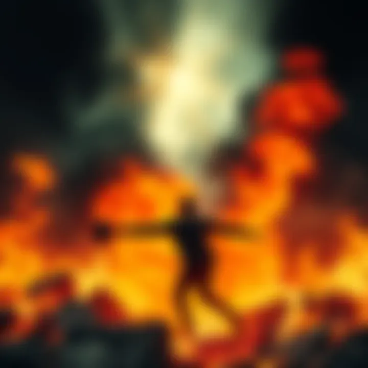 Transition from Chaos A person caught between two raging fires, symbolizing moving from one crisis to another.