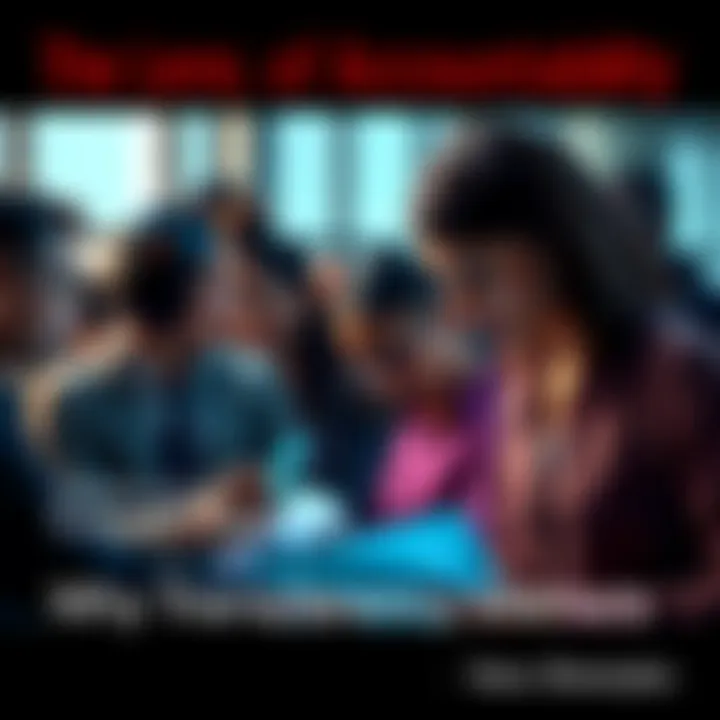 The Lens of Accountability A group of diverse individuals examining documents under a magnifying glass, symbolizing transparency in governance.