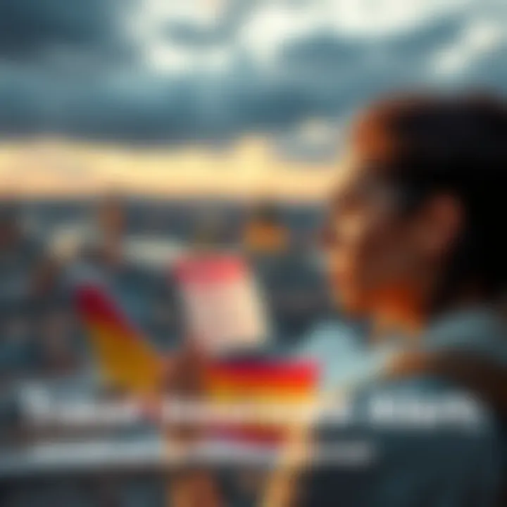 A concerned traveler looking at a canceled flight notification with a backdrop of Spain's landmarks