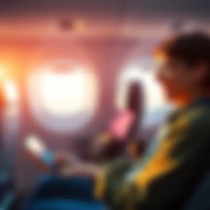 A traveler happily checking their flight badges on a device while sitting on an airplane