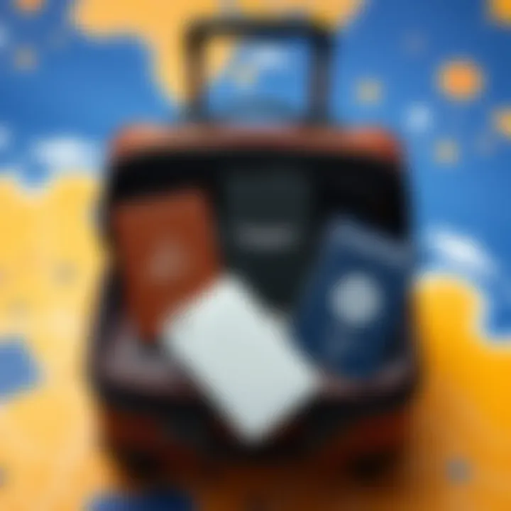 A selection of hardware wallets for cryptocurrency, including Tangem, Ledger, and Trezor, displayed on a travel-themed background with a suitcase and passport.