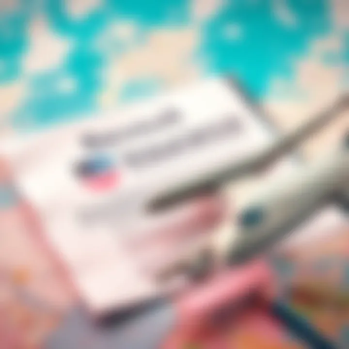 A travel insurance document alongside a toy airplane, symbolizing coverage for flight cancellations due to war situations.