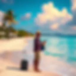A traveler stands on a beach in Bermuda looking at their phone, showing frustration with Atlas Earth not recognizing the location.
