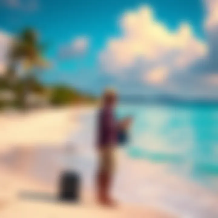 A traveler stands on a beach in Bermuda looking at their phone, showing frustration with Atlas Earth not recognizing the location.