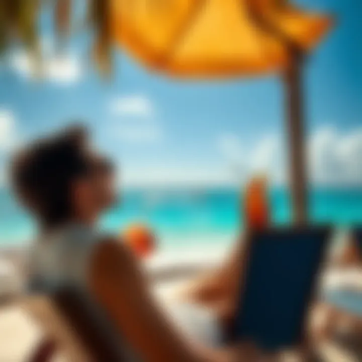 A traveler enjoying a tropical drink while sitting by the beach in Cancun, looking relaxed and carefree, with the ocean waves in the background