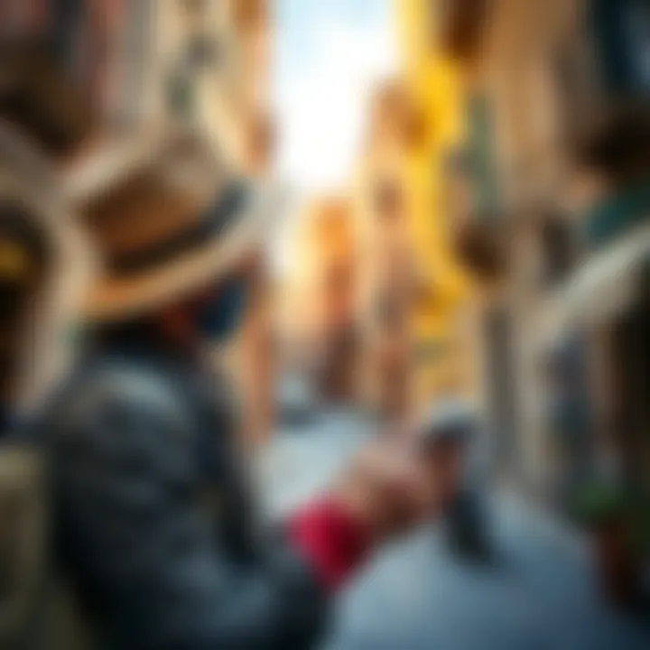 A traveler checks mobile payment options on a smartphone while exploring a Sicilian street