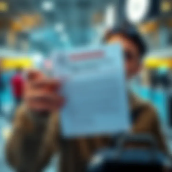 A person holding a denial notice from Revolut Premium travel insurance while looking frustrated at an airport