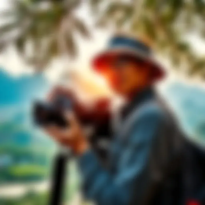 A traveler holding a D850 camera while capturing photos of a scenic Vietnamese landscape