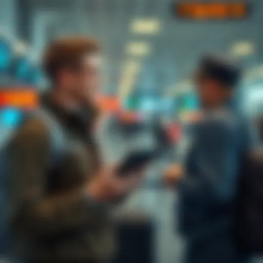 A traveler holding a hardware wallet while speaking to a customs officer at an airport.