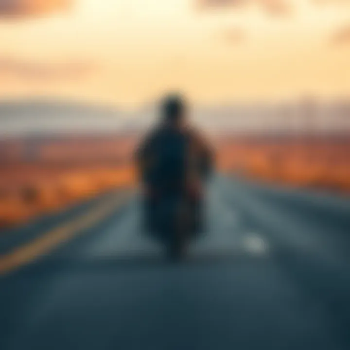 Traveler on a road A traveler driving on an empty road, looking for diamonds, with open landscapes on both sides