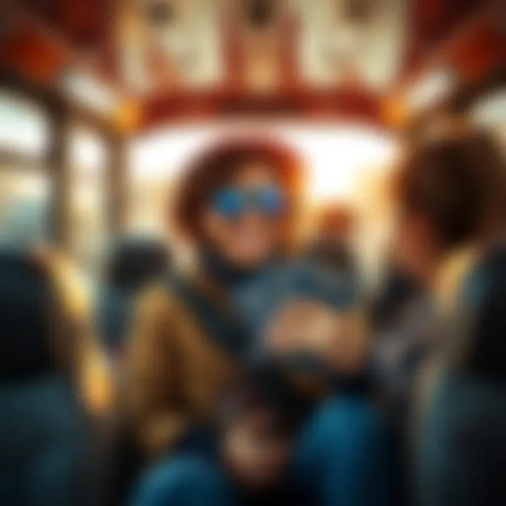 A person riding in the world's smallest bus with four passports and diamonds in hand, smiling during their adventure.