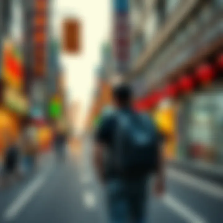 A traveler with a backpack walking along a busy street in China, looking frustrated while trying to access funds after their Revolut account was frozen.