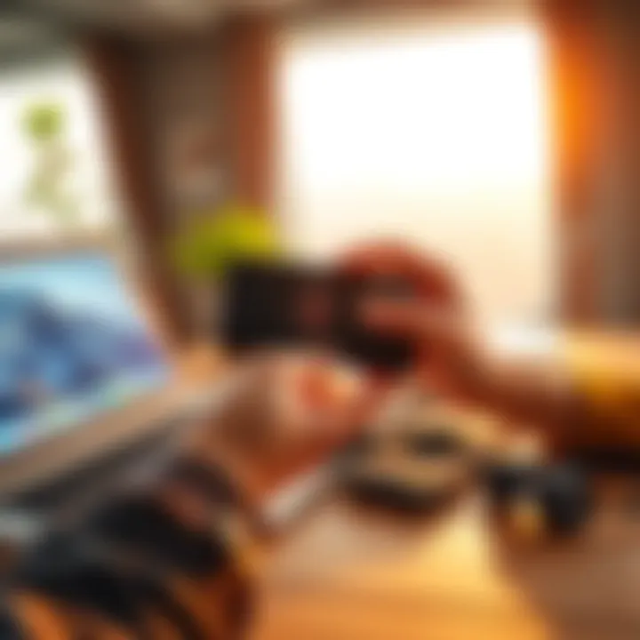 A person holding a hardware wallet with a laptop and travel essentials on a table