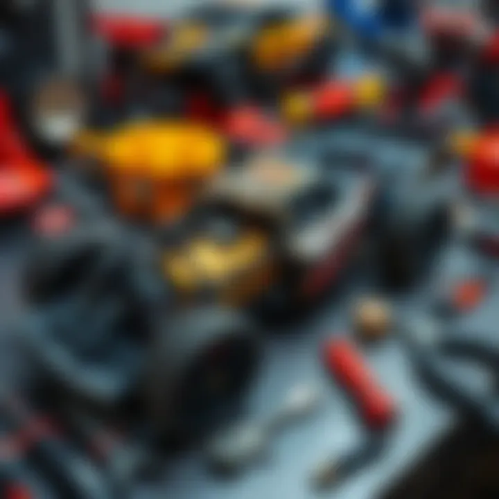 A Traxxas Slash RC car with a visibly damaged motor, showcasing signs of burnout, on a workbench surrounded by tools.