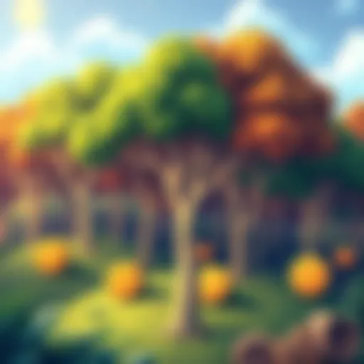 A digital illustration showing trees growing in a vibrant landscape with tokens representing rewards, signifying the environmental impact of the game.