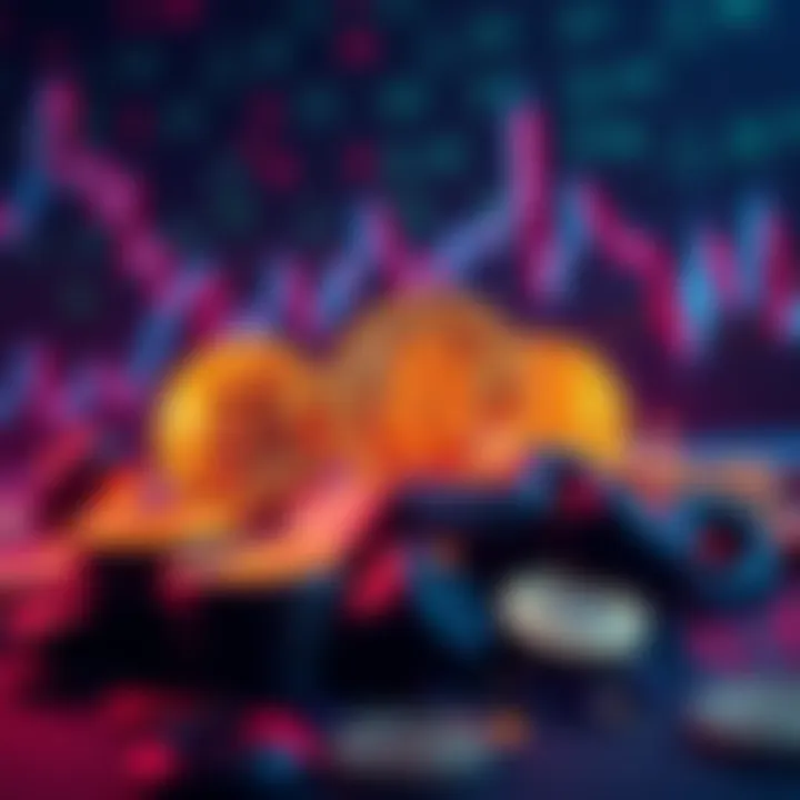 An illustration showing declining Bitcoin values against a backdrop of currency symbols and digital graphs, representing uncertainty in the crypto market.