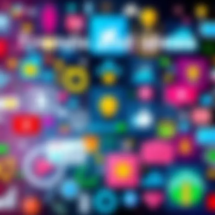 A collage of various icons representing modern trends and ideas like technology, sustainability, and social media.