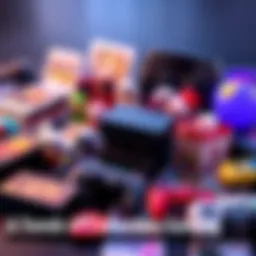 A collage of various collectible gaming items including trading cards, figures, and game consoles