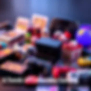A collage of various collectible gaming items including trading cards, figures, and game consoles