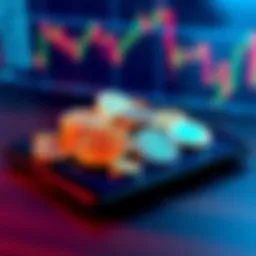 Various digital coins displayed on a tablet with a financial chart in the background