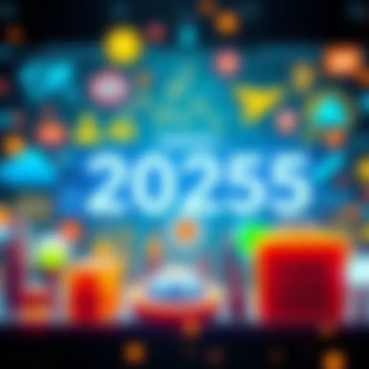 A vibrant graphic showing various icons representing technology, sustainability, and social change for 2025