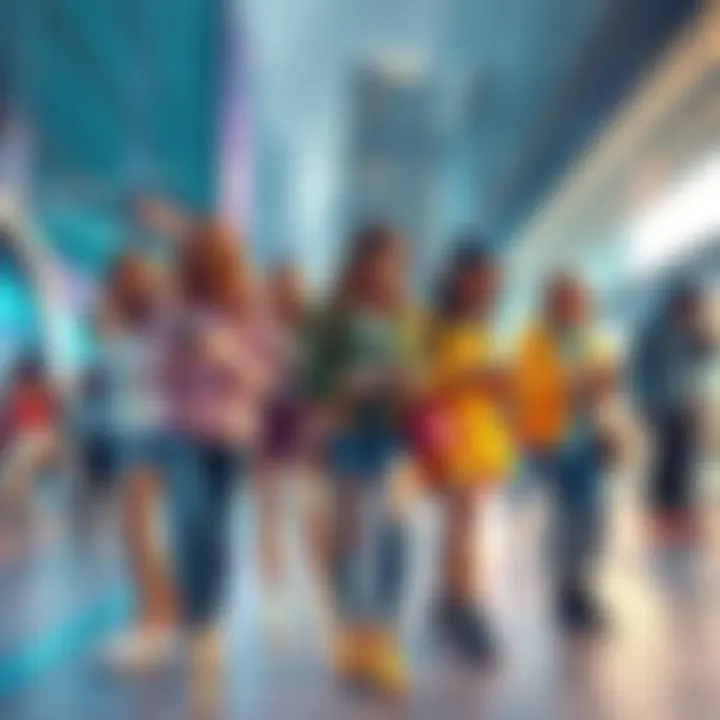 A group of people wearing stylish clothing and using modern technology in a bright urban setting