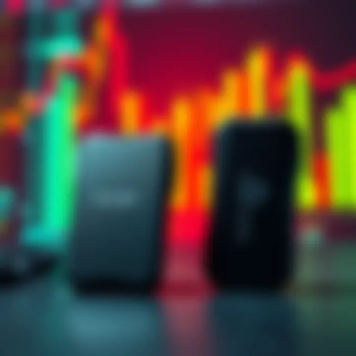 A Trezor hardware wallet sitting next to a Ledger hardware wallet, showcasing their designs with digital financial graphics in the background