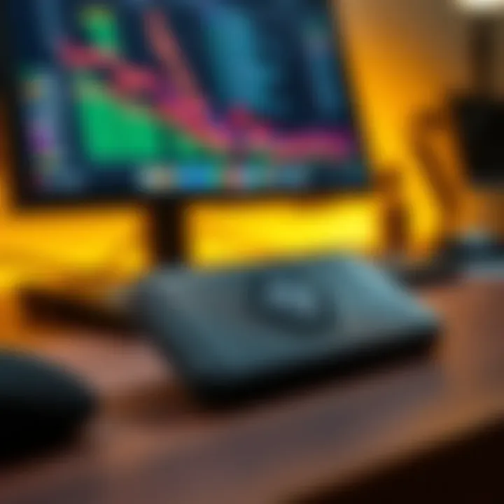 Close-up of the Trezor Model T hardware wallet on a desk with a computer screen in the background showing cryptocurrency data.