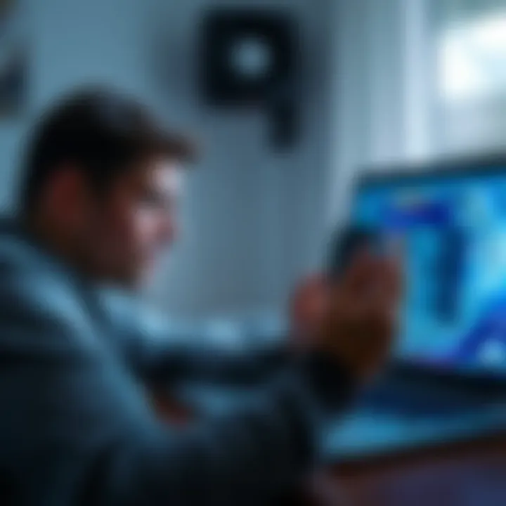 A person looks frustrated while trying to connect a Trezor 7 device via Bluetooth, with a laptop showing a frozen screen in the background.